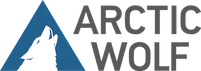 Logo for Arctic Wolf that has a white wolf superimposed on a blue mountain.