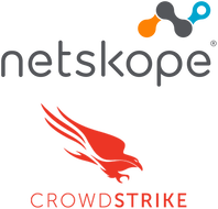 Logo for netskop with a stylized visual and the logo for Crowdstrike with a red bird.